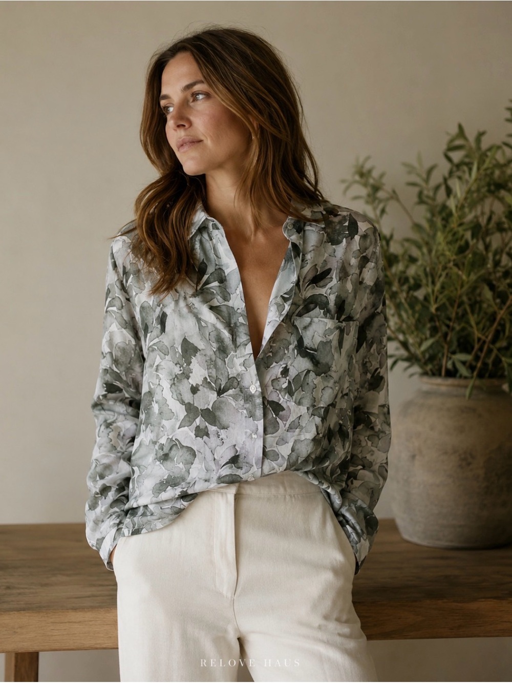 Cloth & Stone Tencel Floral Button Down Blouse Sage Gray Small Soft Luxe